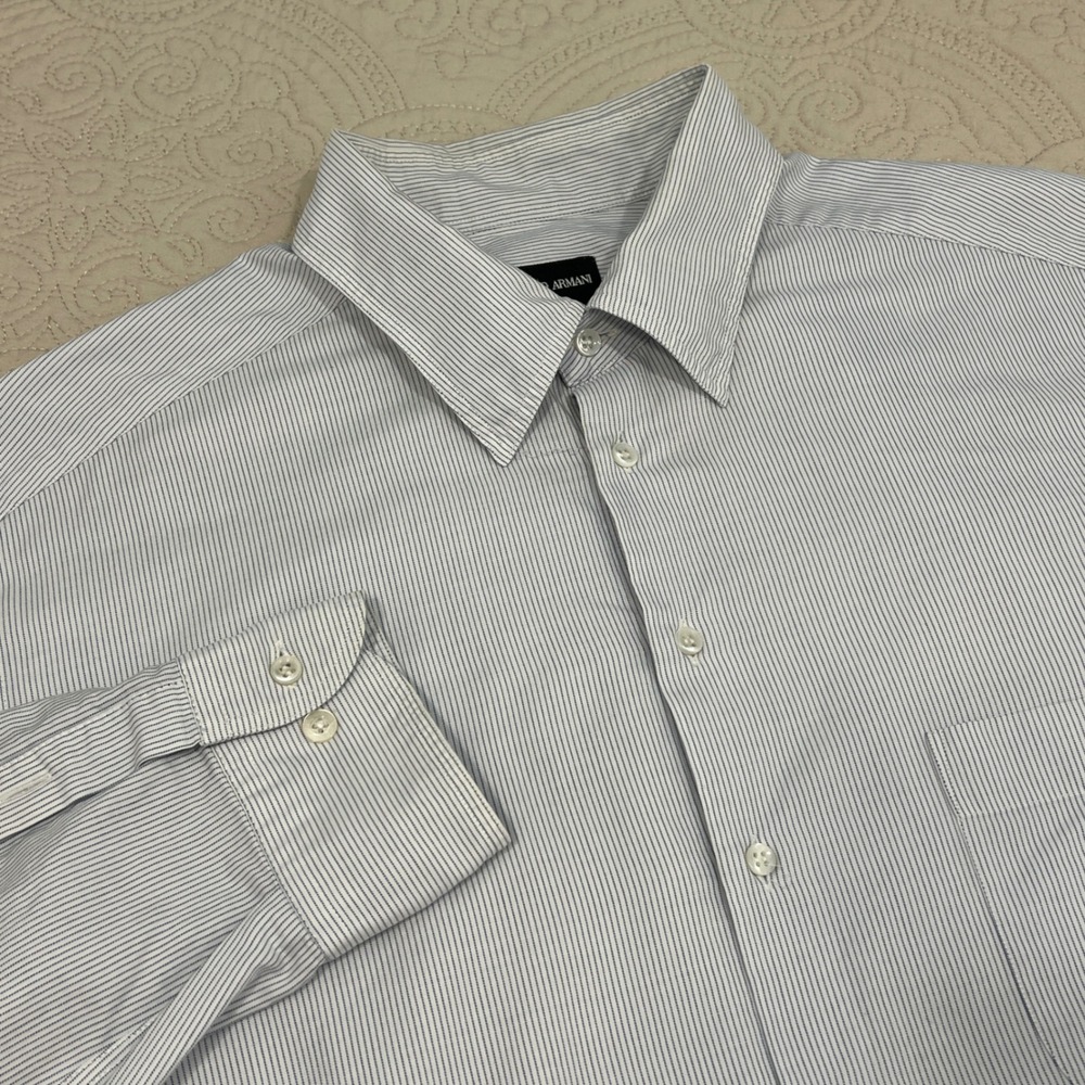 Giorgio Armani Mens Blue White Micro Stripe Cotton Button Down Shirt 44 17.5